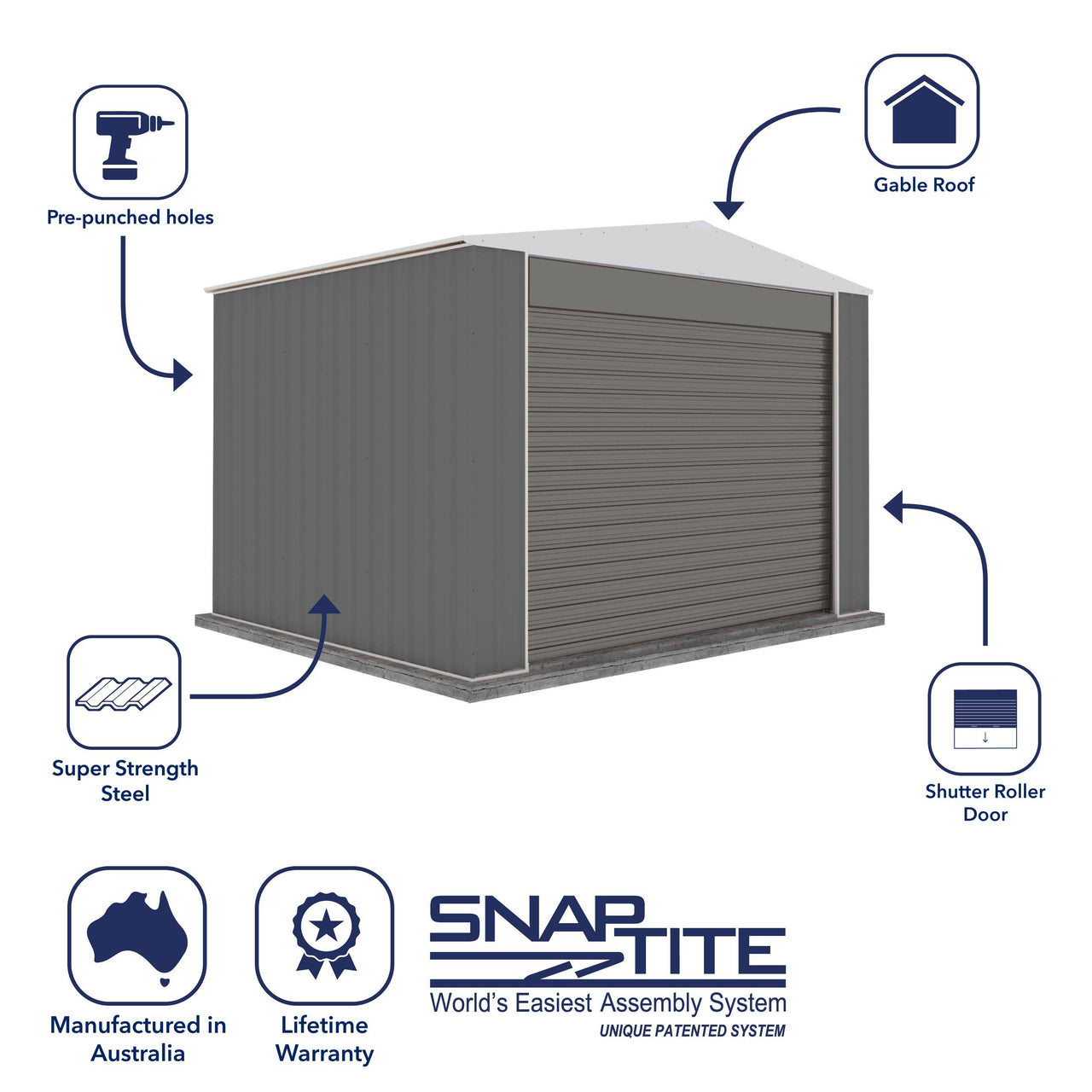 Absco 3.00mW x 3.00mD x 2.30mH Bush Ranger Garage with Roller Shutter Door - Woodland Grey - Shed City