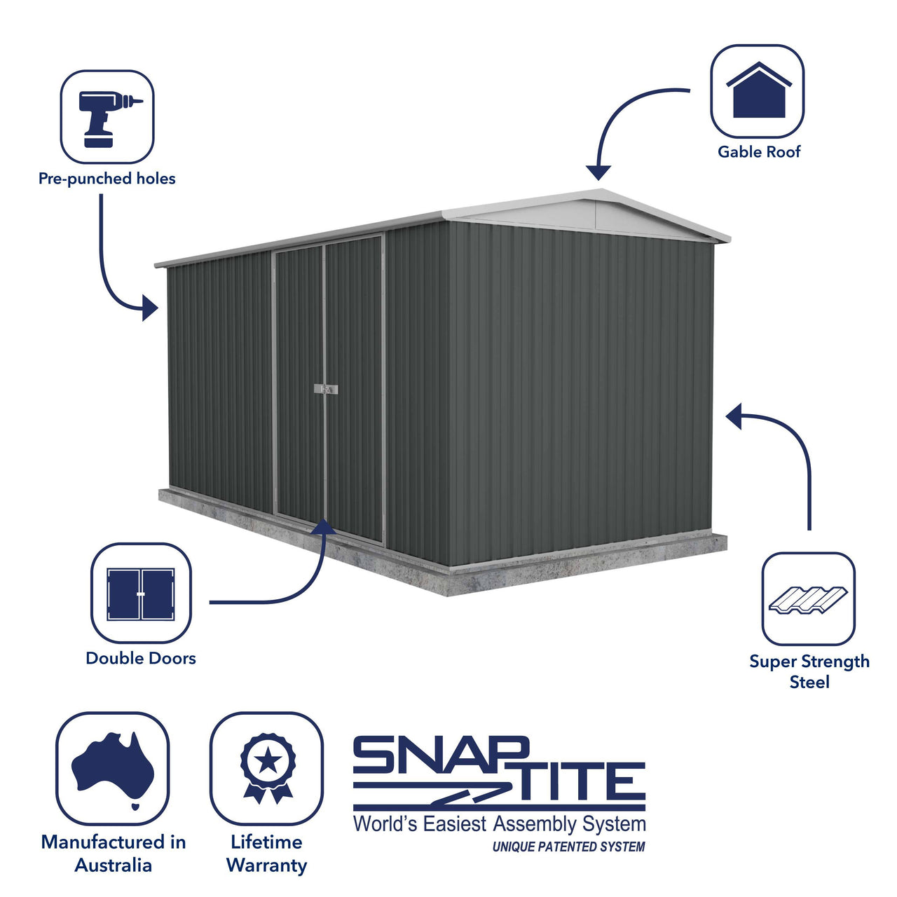Absco 4.48mW x 2.26mD x 2.00mH Double Door Workshop Shed - Monument - Shed City