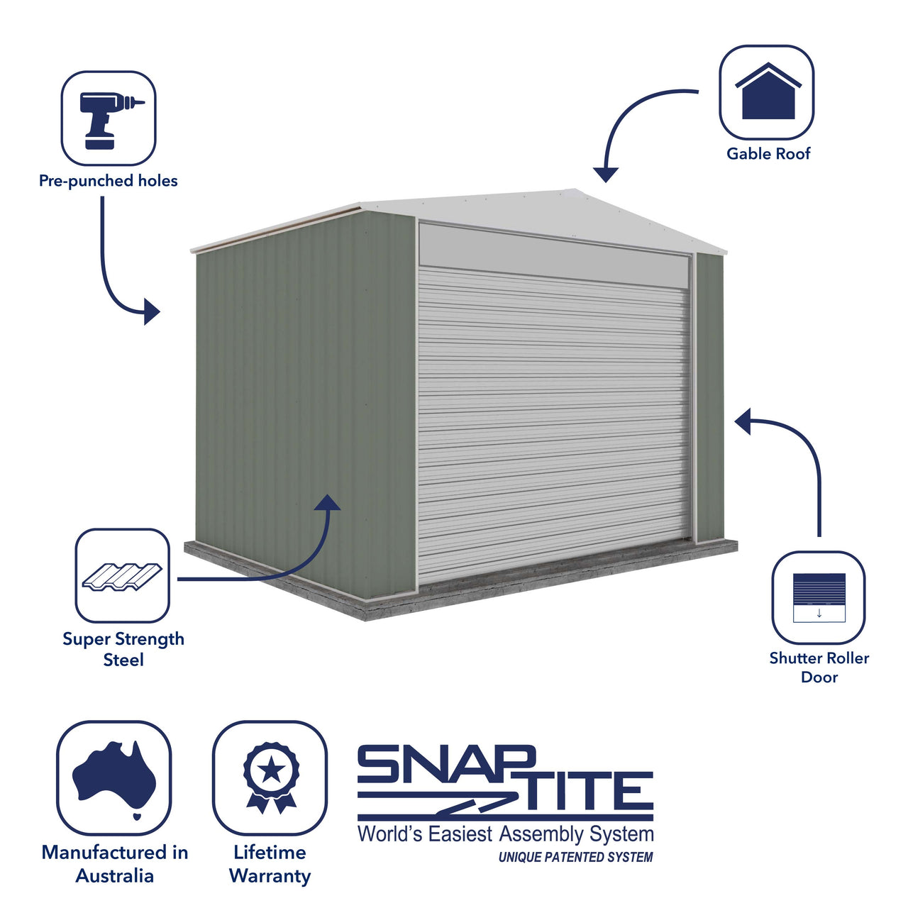 Absco 3.00mW x 2.26mD x 2.30mH Bush Ranger Garage with Roller Shutter Door - Pale Eucalypt - Shed City