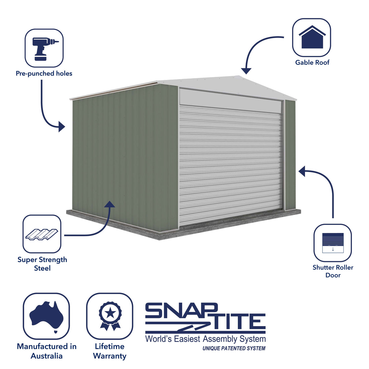 Absco 3.00mW x 3.00mD x 2.30mH Bush Ranger Garage with Roller Shutter Door - Pale Eucalypt - Shed City